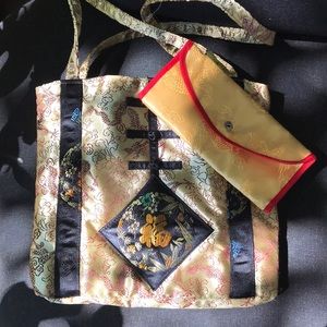 Vintage Chinoiserie cream/ gold tote purse w/ yellow & red wallet